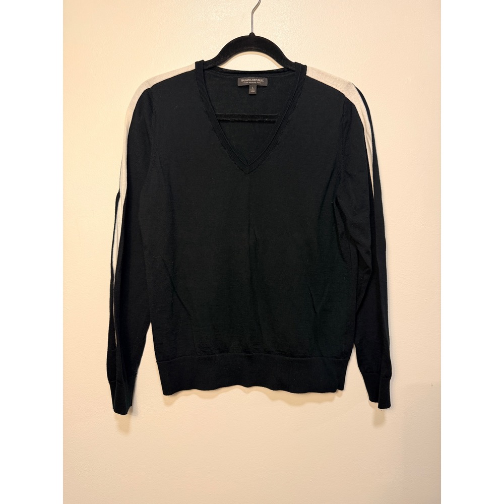 Banana Republic Sweater Large Merino V-Neck Side Stripe Black 501022-01